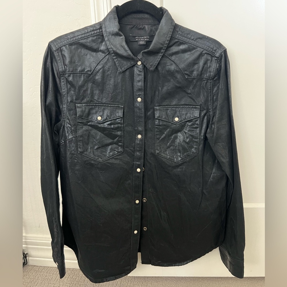 ALLSAINTS Hazel Coated Shirt in Black with Western Style Pockets, 8